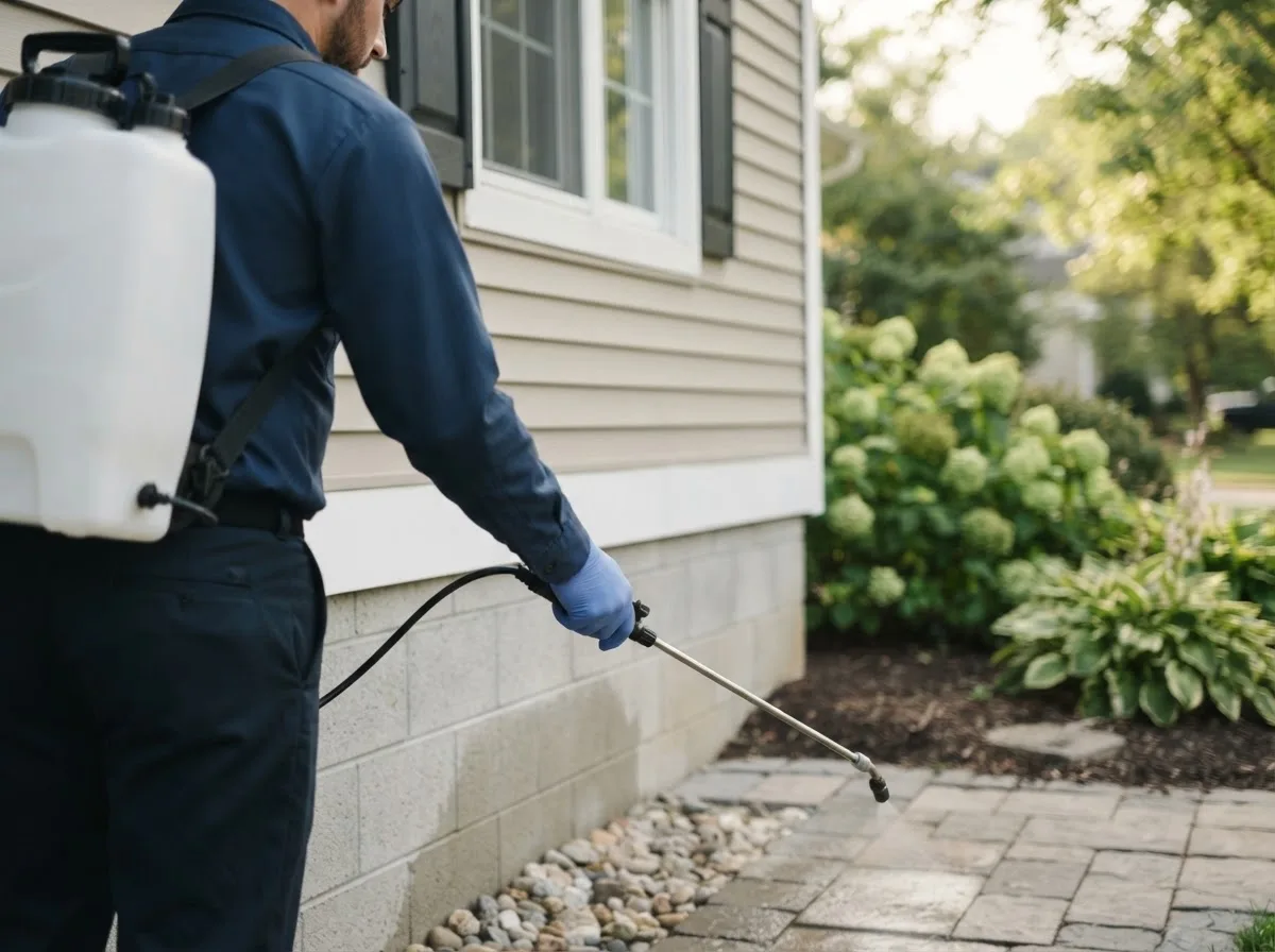 Pest control technician inspecting a home in Milledgeville, IL